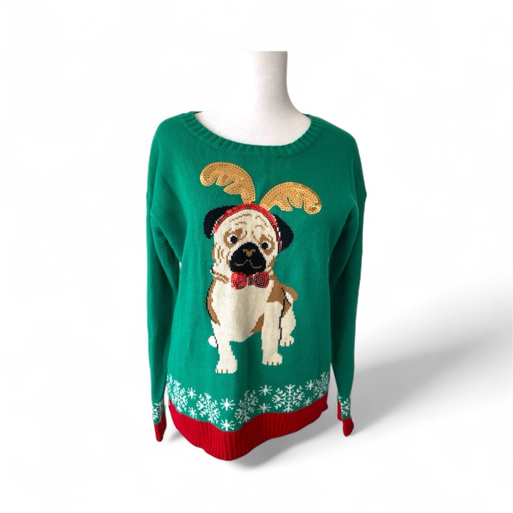 United States Pug Ugly Christmas Sweaters Festive Green Sequins Red